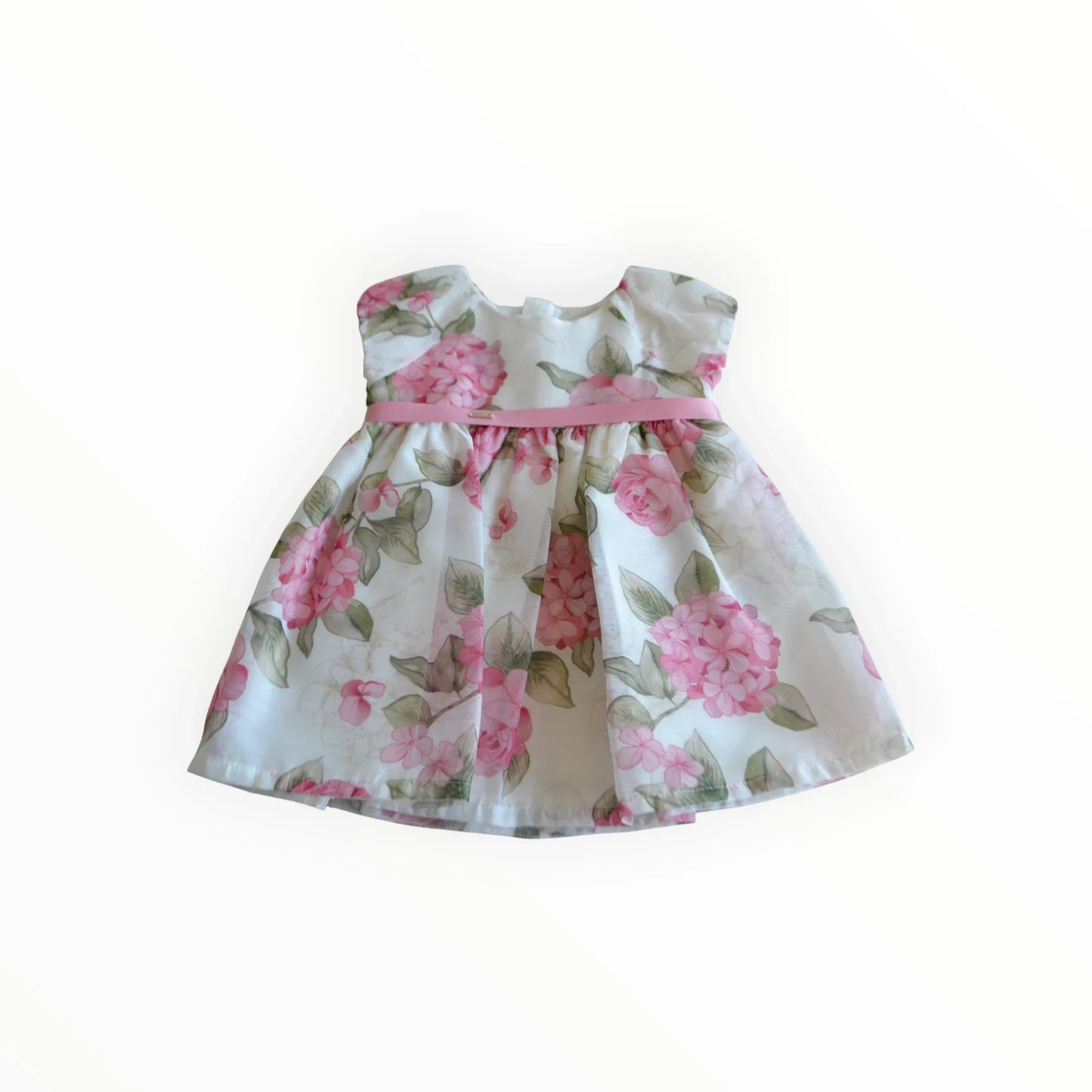 Pierrot Outlet bloemenprint jurk met roze strik, korte mouwen, ronde hals en wijde rok. Perfect voor speciale gelegenheden.