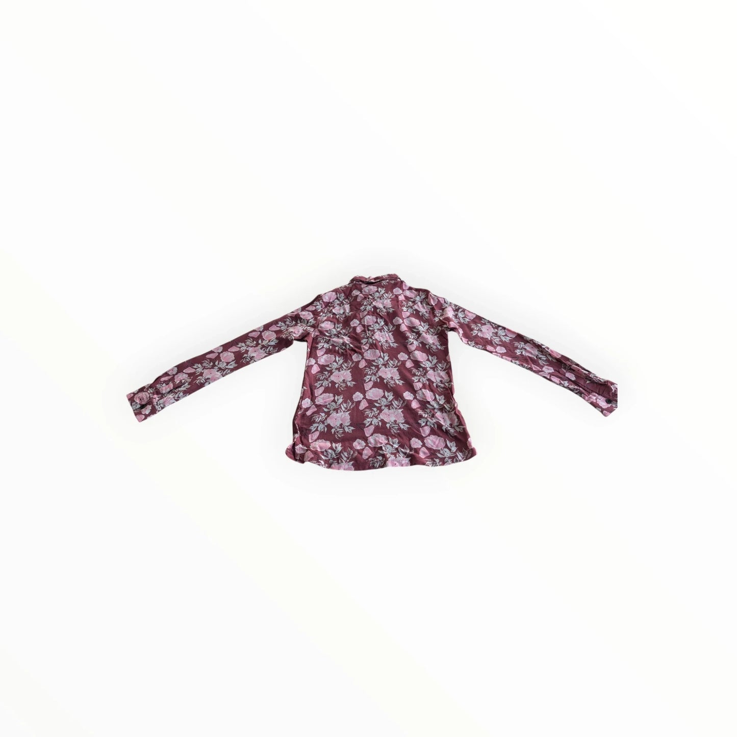 Pierrot Outlet bordeauxrode blouse met lange mouwen, bloemenprint in roze en wit, met strikdetail en kraag.
