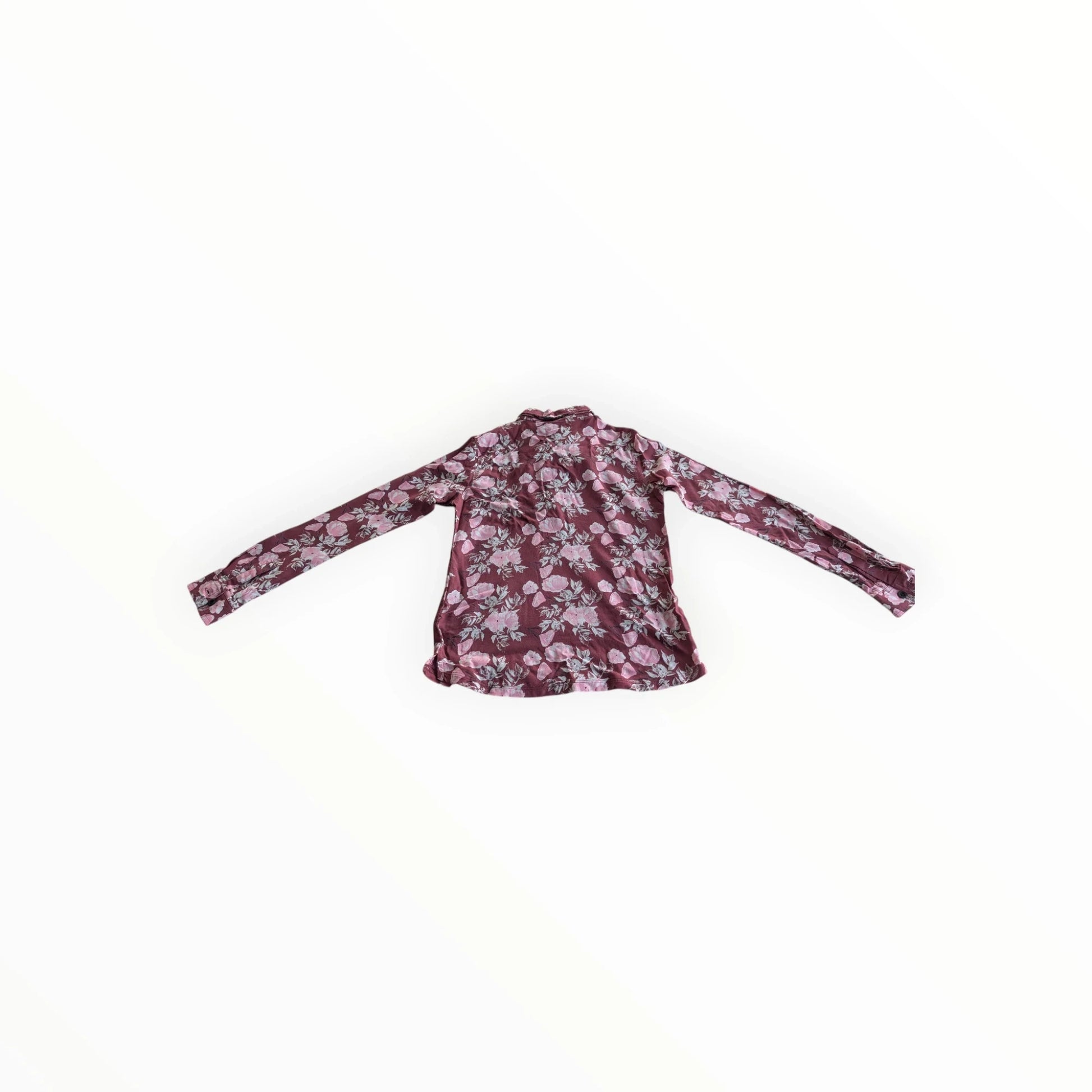 Pierrot Outlet bordeauxrode blouse met lange mouwen, bloemenprint in roze en wit, met strikdetail en kraag.