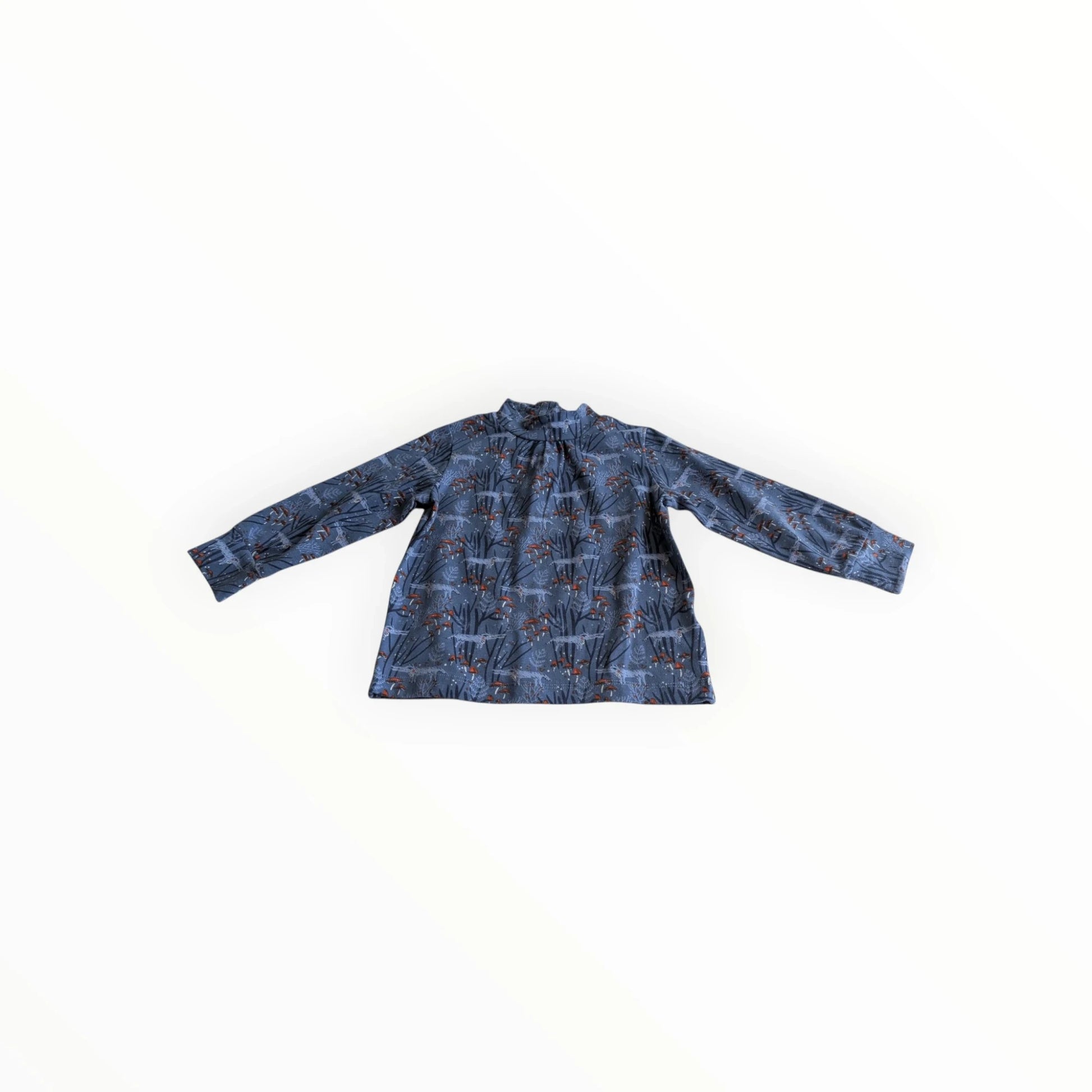 Pierrot Outlet blauwe blouse met lange mouwen, opstaande kraag en vosjesprint