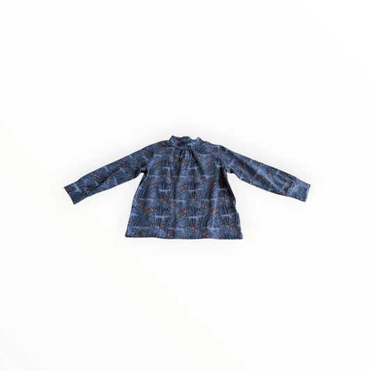 Pierrot Outlet blauwe blouse met lange mouwen, opstaande kraag en vosjesprint