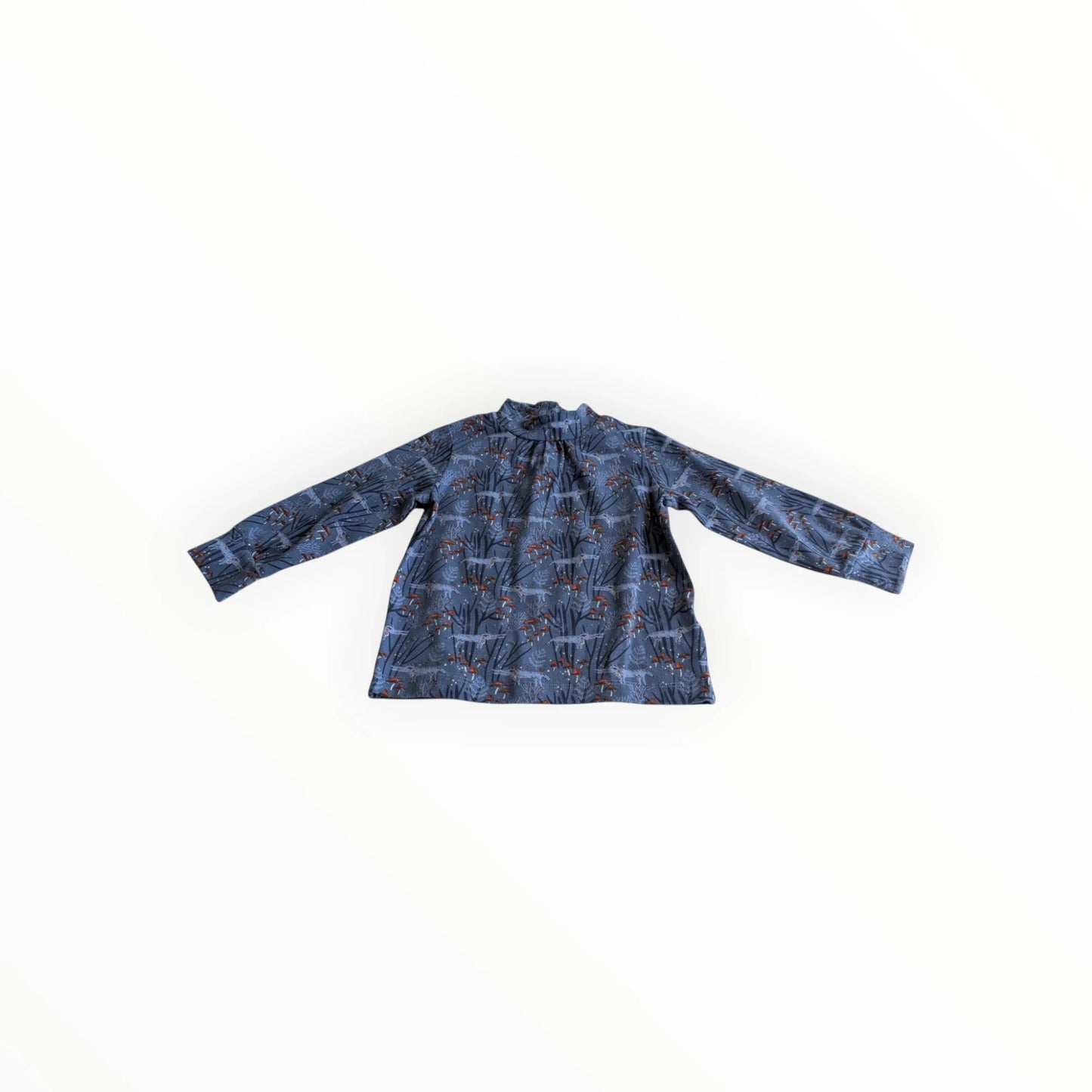 Pierrot Outlet blauwe blouse met lange mouwen, opstaande kraag en vosjesprint. Gemaakt van zachte stof.