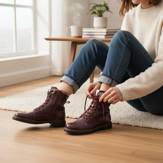 Pierrot Outlet bordeauxrode leren veterboots voor meisjes met glitterdetails en metallic hielstuk