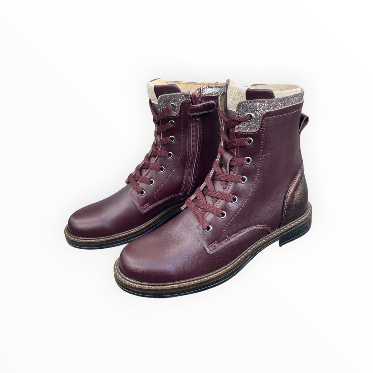Pierrot Outlet bordeauxrode veterboots voor kinderen met glitterdetails, ritssluiting en metallic hielstuk