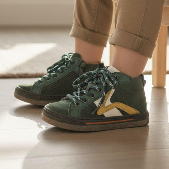 Pierrot Outlet halfhoge kindersneakers van bosgroen suède met okergele accenten en vetersluiting