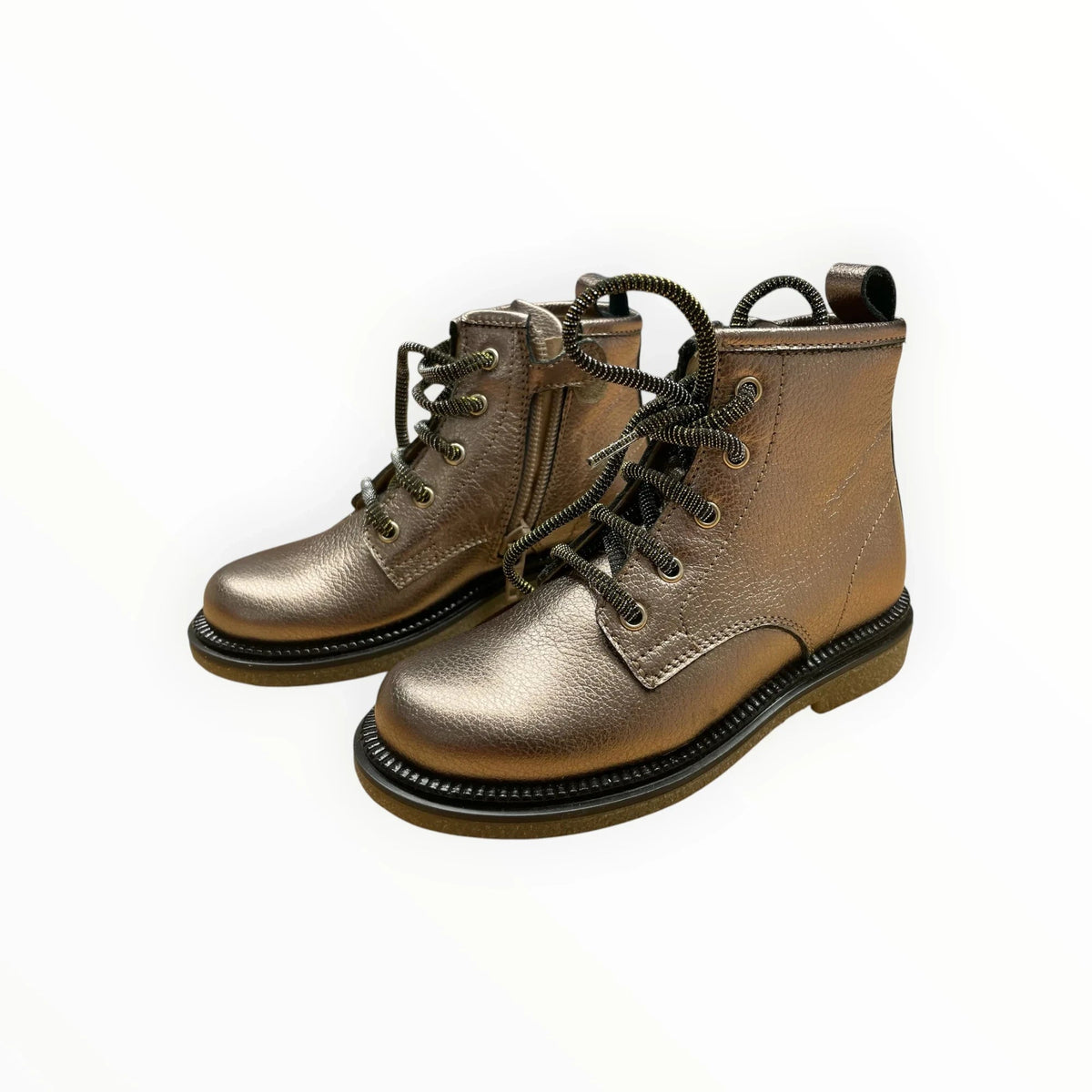 Pierrot Outlet metallic bronzen enkellaarsjes voor kinderen met veters en ritssluiting en een robuuste zool.