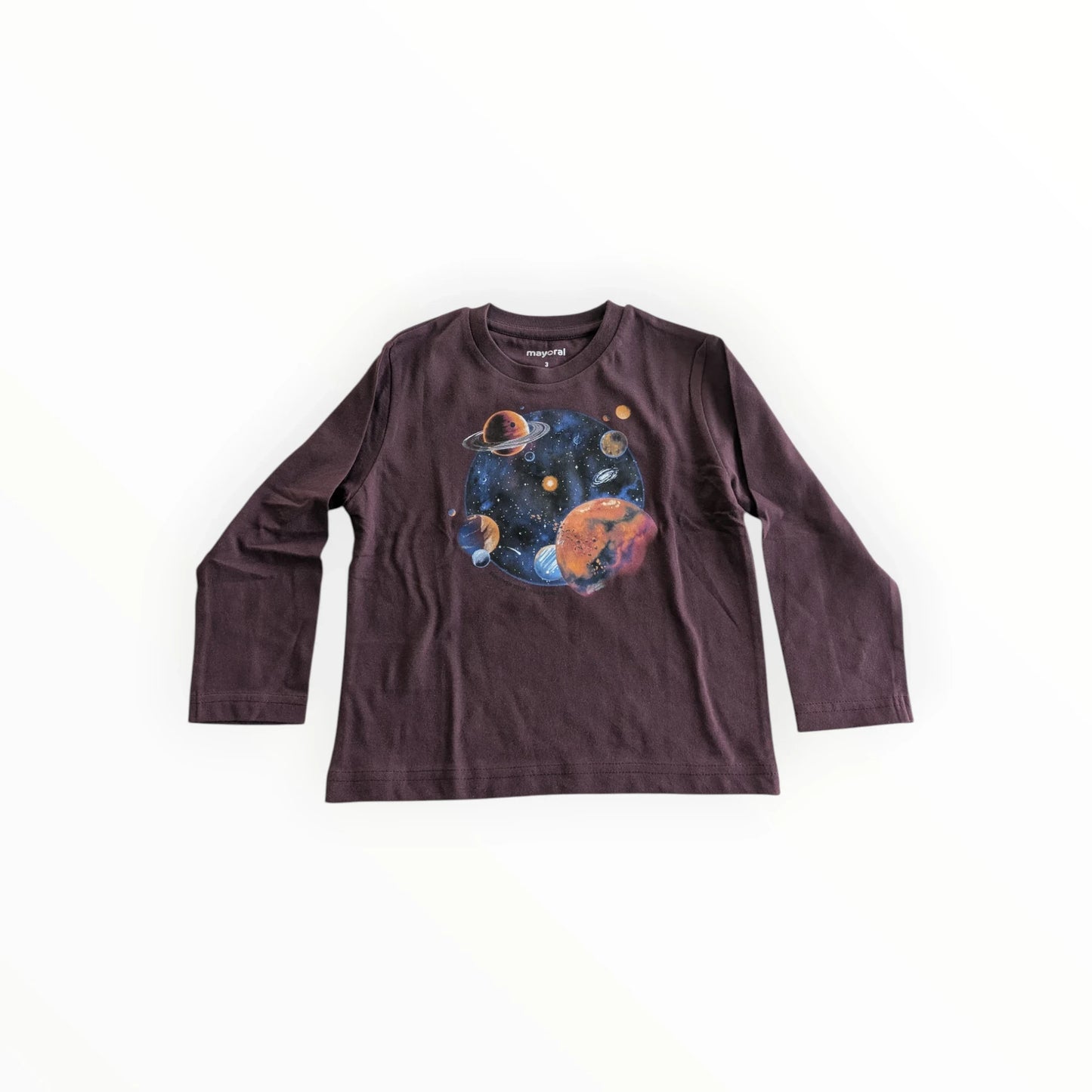 Pierrot Outlet bruin katoenen T-shirt met lange mouwen en ruimteprint met planeten en sterren voor kinderen.