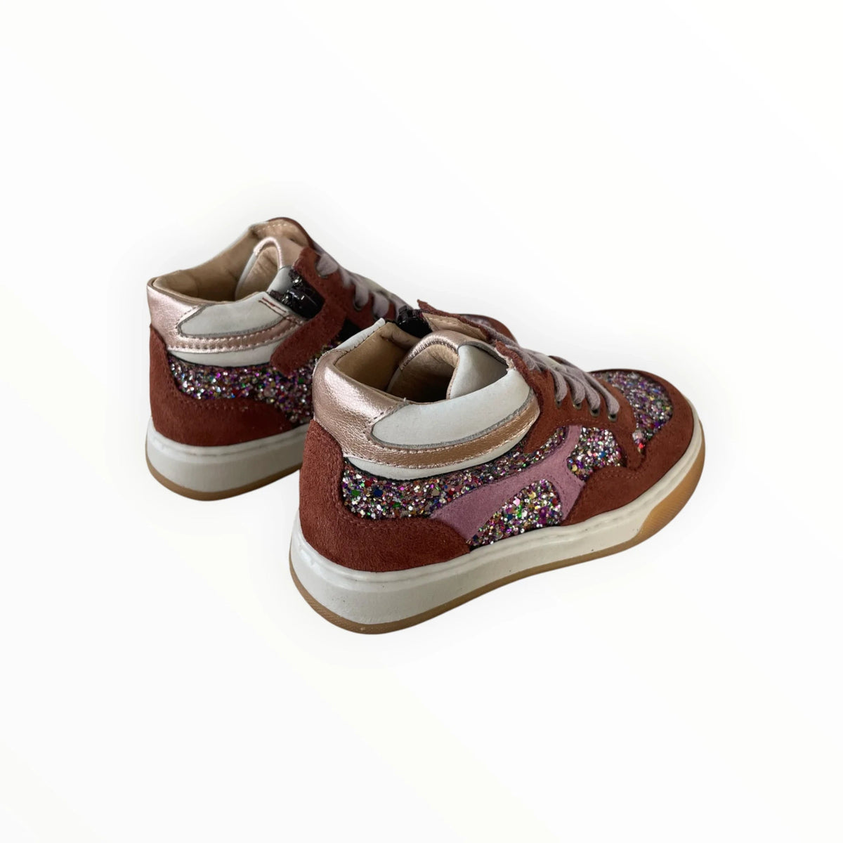 Pierrot Outlet hoge sneakers voor kinderen in bruin suède met roze glitterpanelen en metallic hielaccenten