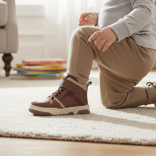 Pierrot Outlet halfhoge bruine kindersneakers met suède details, bordeauxrode veters en praktische ritssluiting.
