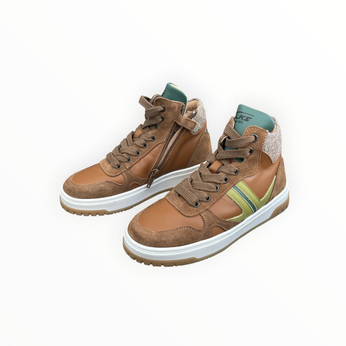 Pierrot Outlet hoge sneakers van bruin leer en suède met groene accenten, vetersluiting en ritssluiting aan de zijkant