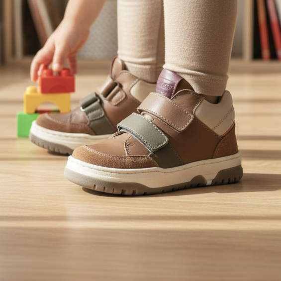 Pierrot Outlet kindersneakers van bruin leer en suède met klittenband, gedragen door een kind in een speelkamer.