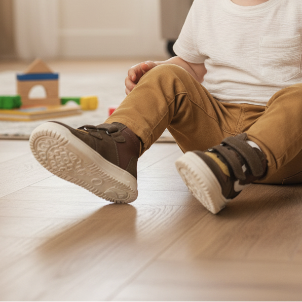 Pierrot Outlet kindersneakers in bruin suède en leer met klittenband, gedragen door een vrolijk kind in een woonkamer.