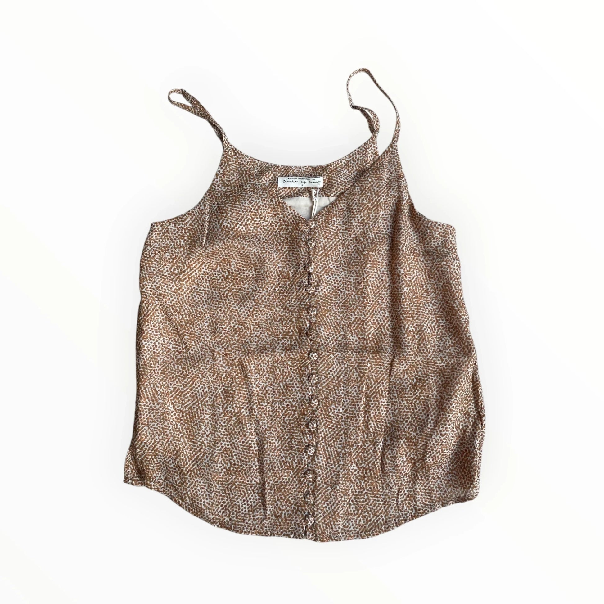 Pierrot Outlet bruine mouwloze camisole top met stippenpatroon, knoopsluiting en verstelbare spaghettibandjes.