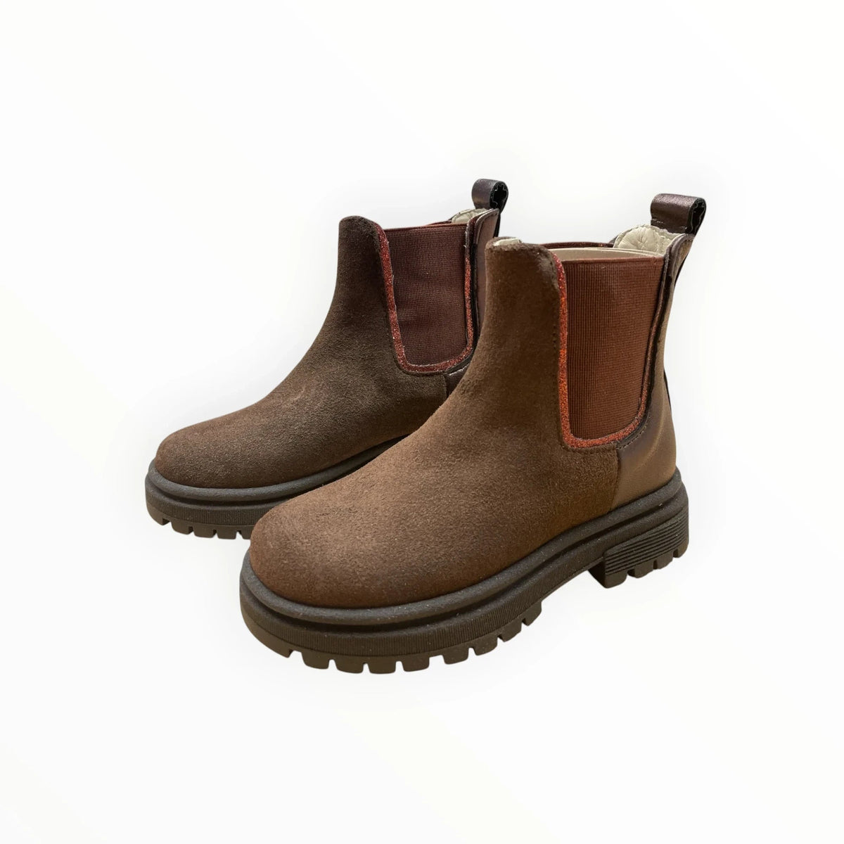 Pierrot Outlet bruine suède Chelsea boots met robuuste profielzool en glinsterende elastische inzetstukken