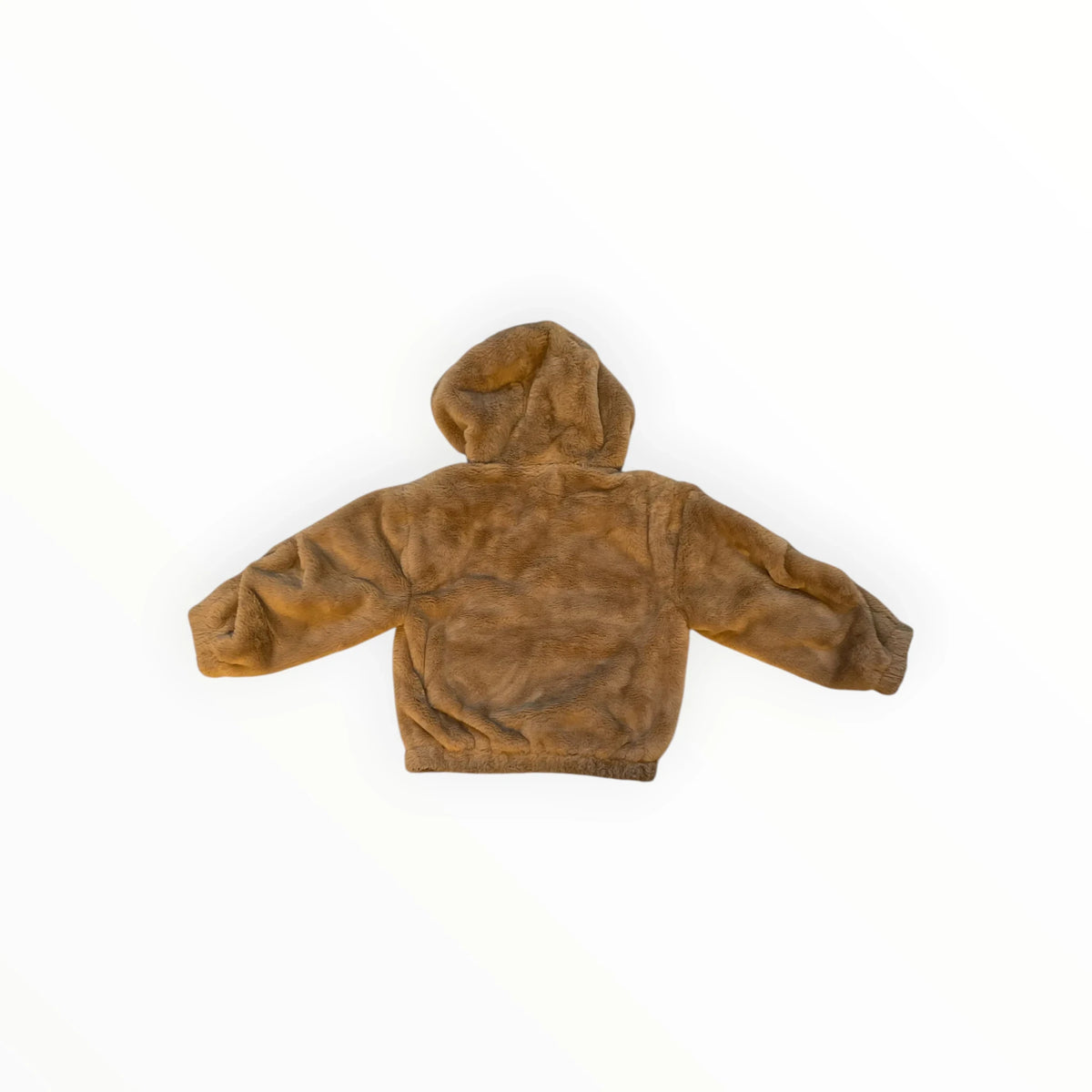 Pierrot Outlet zachte bruine teddy fleece jas voor kinderen met capuchon, achterkant zichtbaar