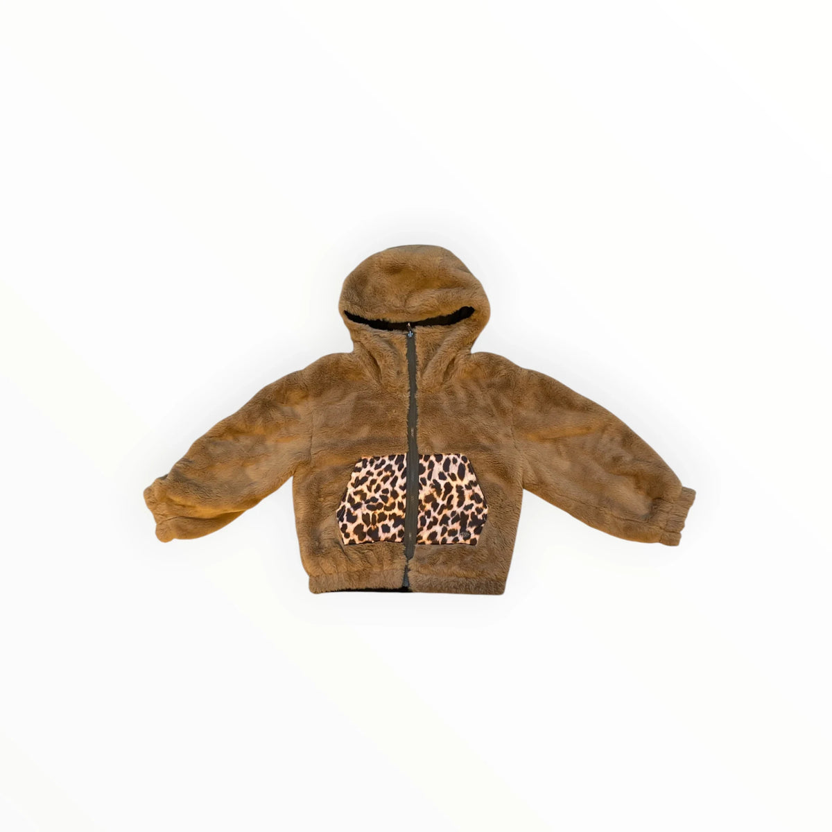 Pierrot Outlet zachte bruine teddy fleece jas voor kinderen met capuchon en opvallend voorvak met luipaardprint
