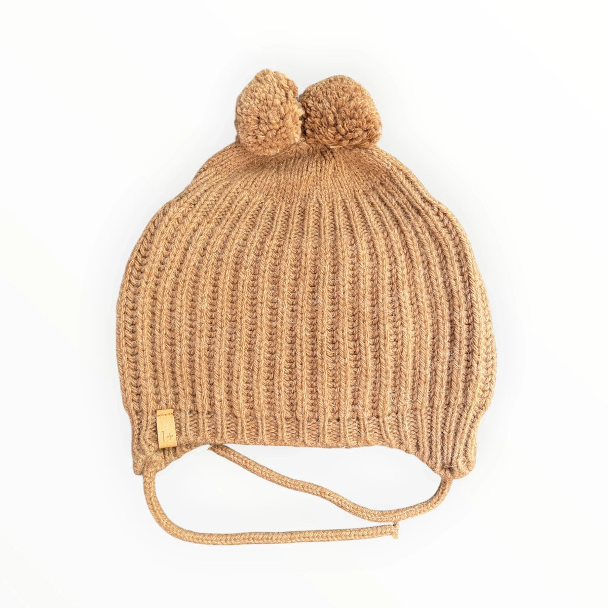 Pierrot Outlet camel ribbed knit baby beanie with double pom-poms and chin straps on a white background