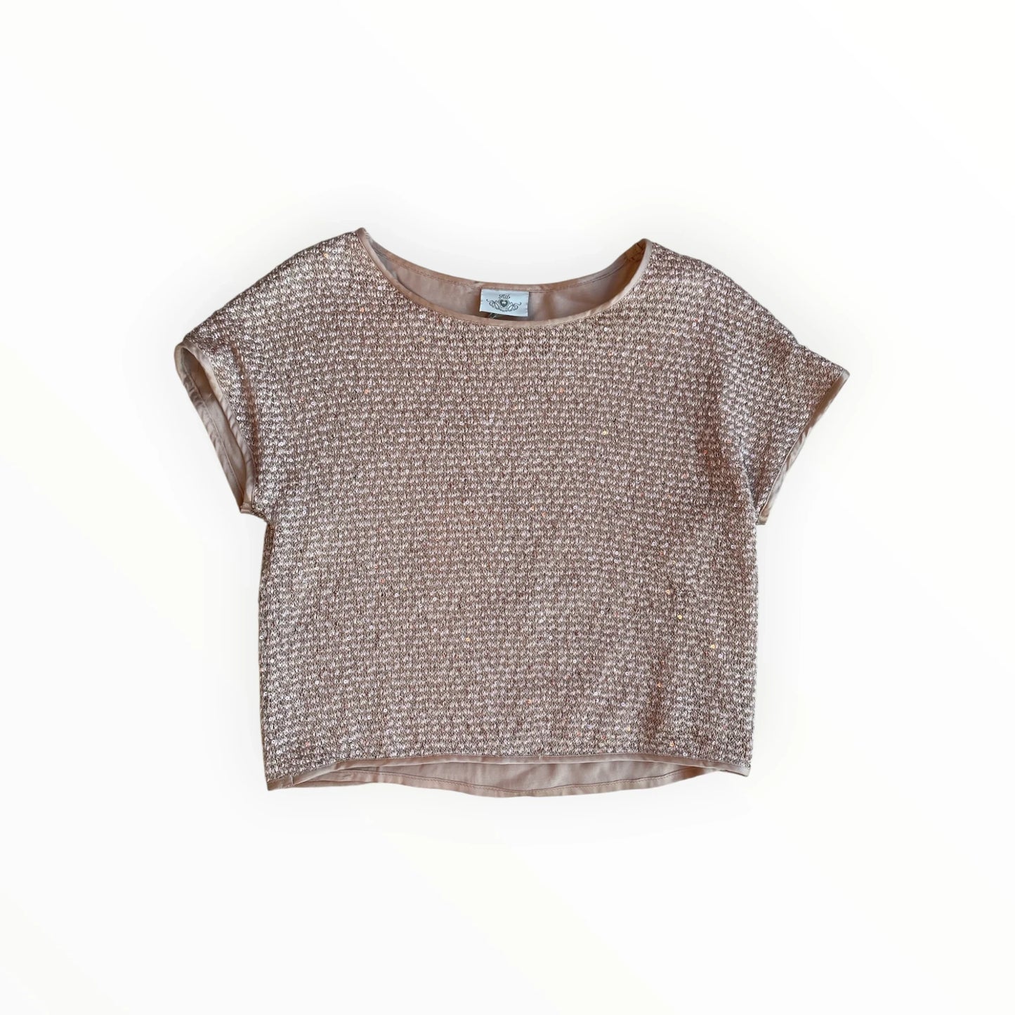 Pierrot Outlet champagnekleurige dames top met korte mouwen en een glinsterende metallic afwerking voor feestjes.