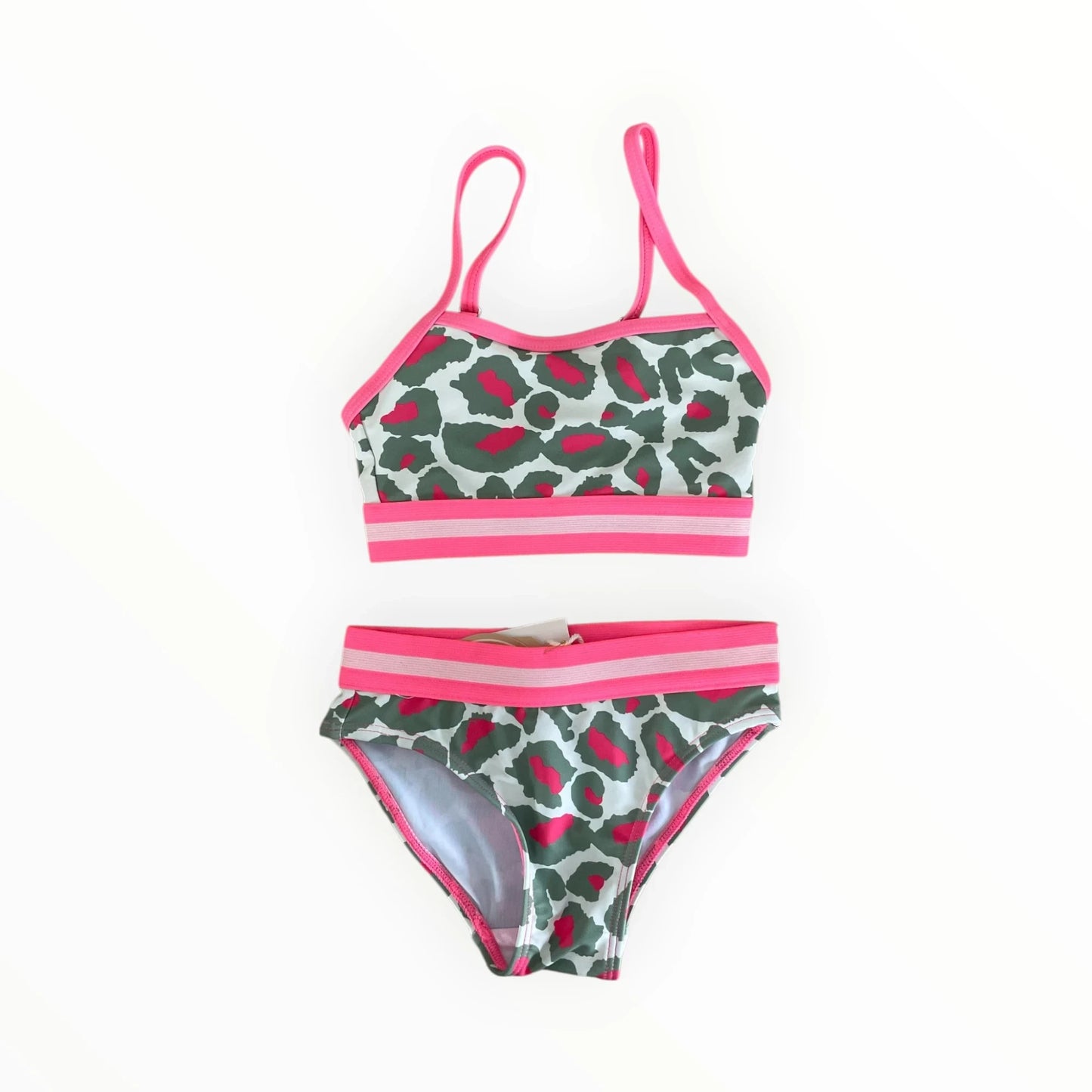 Pierrot Outlet Claesen's bikini voor kinderen met luipaardprint en felroze accenten en verstelbare bandjes.