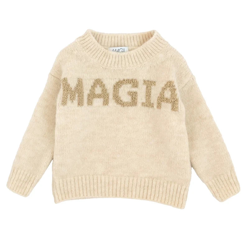Pierrot Outlet crèmekleurige gebreide kindertrui met goudkleurige MAGIA tekst en ronde hals