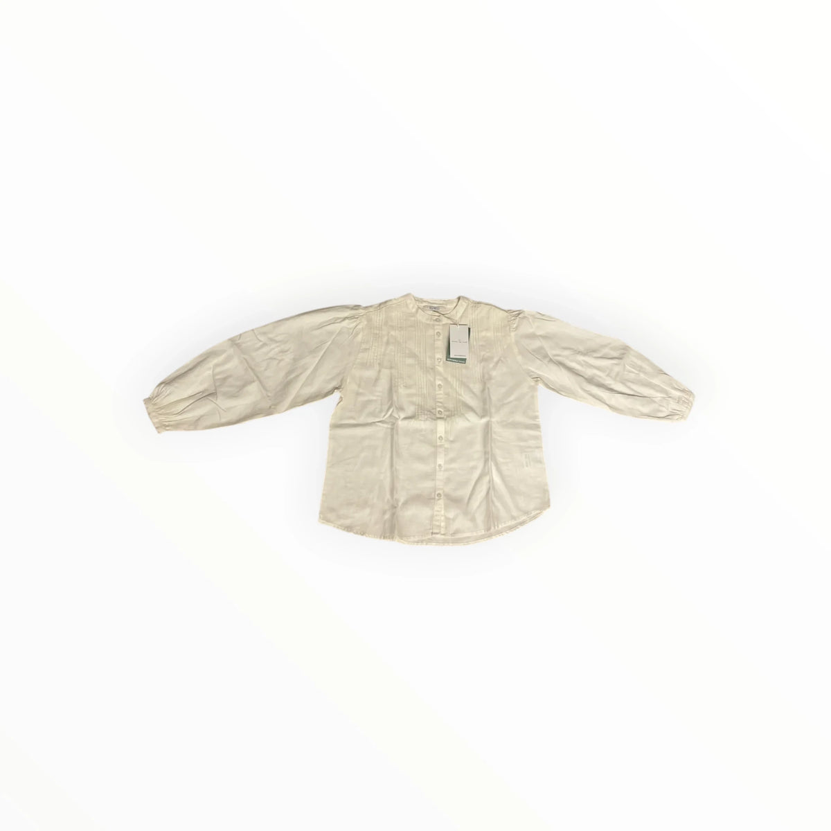 Pierrot Outlet crèmekleurige katoenen blouse met lange pofmouwen, knoopsluiting en verfijnde plooidetails.
