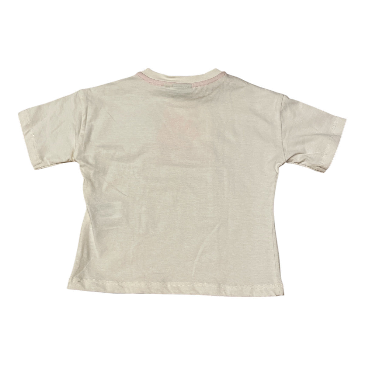 Pierrot Outlet crèmekleurig katoenen T-shirt met korte mouwen en roze halsafwerking. Tekstprint 'SUNSHINE ON MY MIND'.