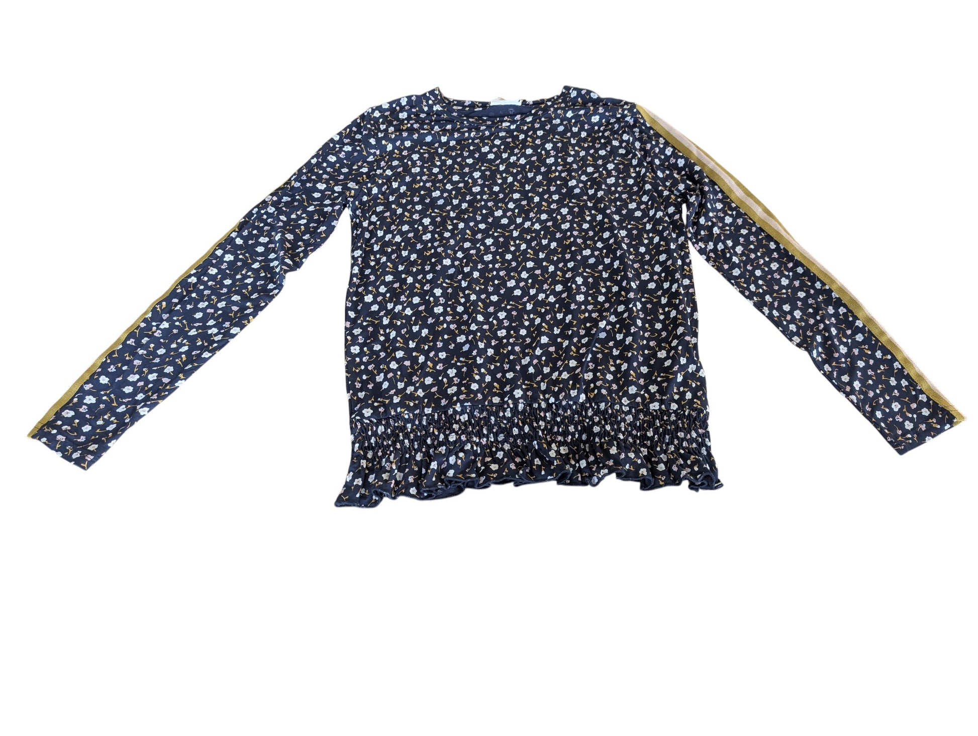 Pierrot Outlet dames blouse met lange mouwen, donkerblauw met bloemenprint en gouden bies op de mouwen.