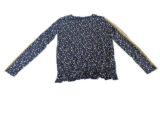 Pierrot Outlet dames blouse met lange mouwen, donkerblauw met bloemenprint en gouden bies op de mouwen.