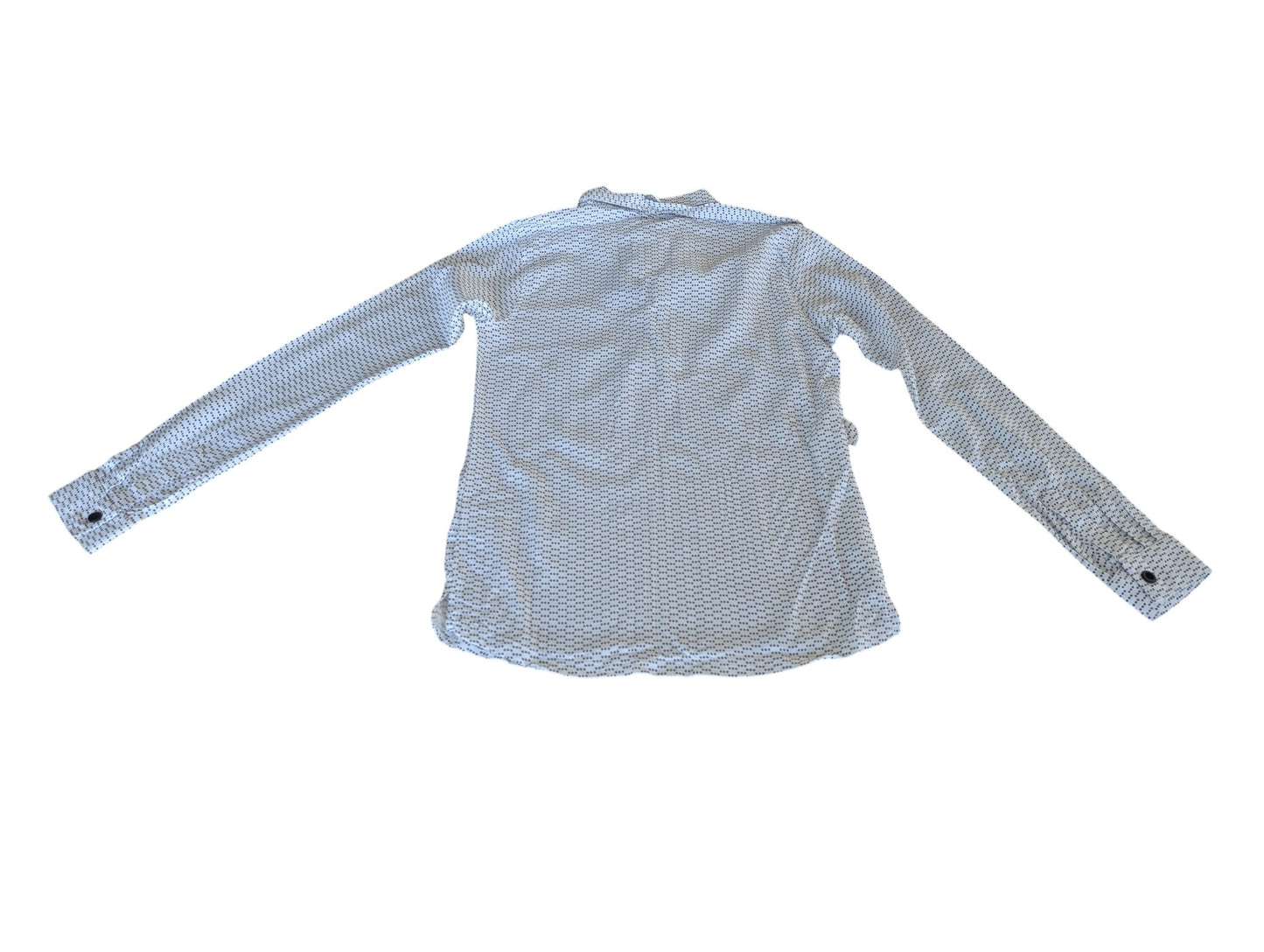Pierrot Outlet dames blouse met lange mouwen, witte stof met subtiel zwart stippenpatroon en strikdetail.