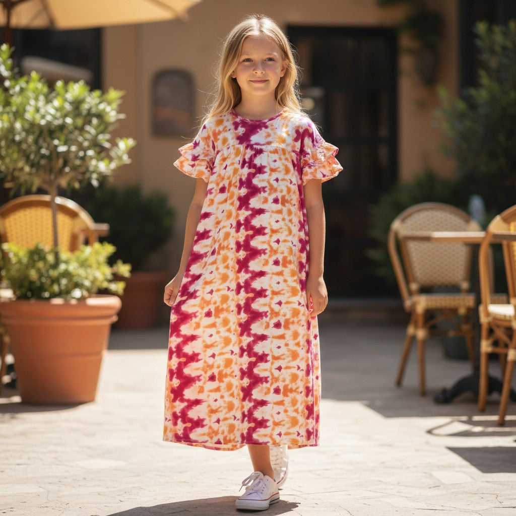 Pierrot Outlet dames jurk met korte pofmouwen, ronde hals en tie-dye print in oranje, fuchsia en wit.