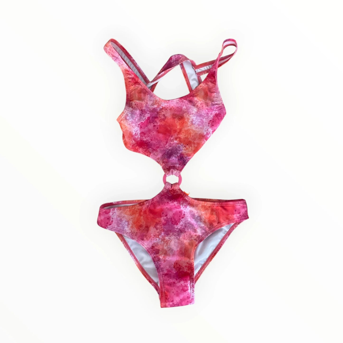Pierrot Outlet dames monokini met roze en oranje aquarelprint, cut-out ontwerp en centrale ring voor een zomerse look.
