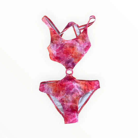 Pierrot Outlet dames monokini met roze en oranje aquarelprint, cut-out ontwerp en centrale ring voor een zomerse look.