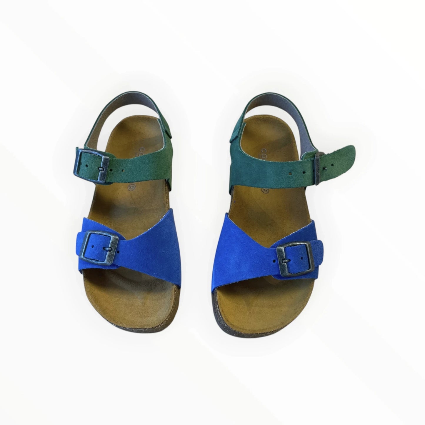 Pierrot Outlet dames sandalen met bandjes en gesp in blauw en groen suède met kurken voetbed.