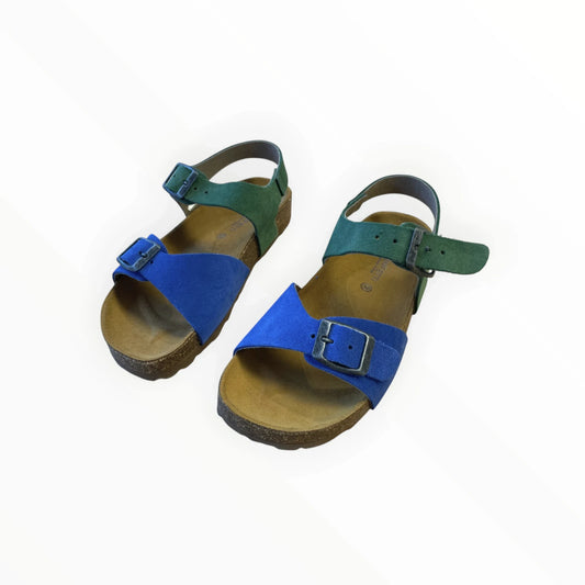 Pierrot Outlet dames sandalen met bandjes en gesp in blauw en groen suède met kurken voetbed.