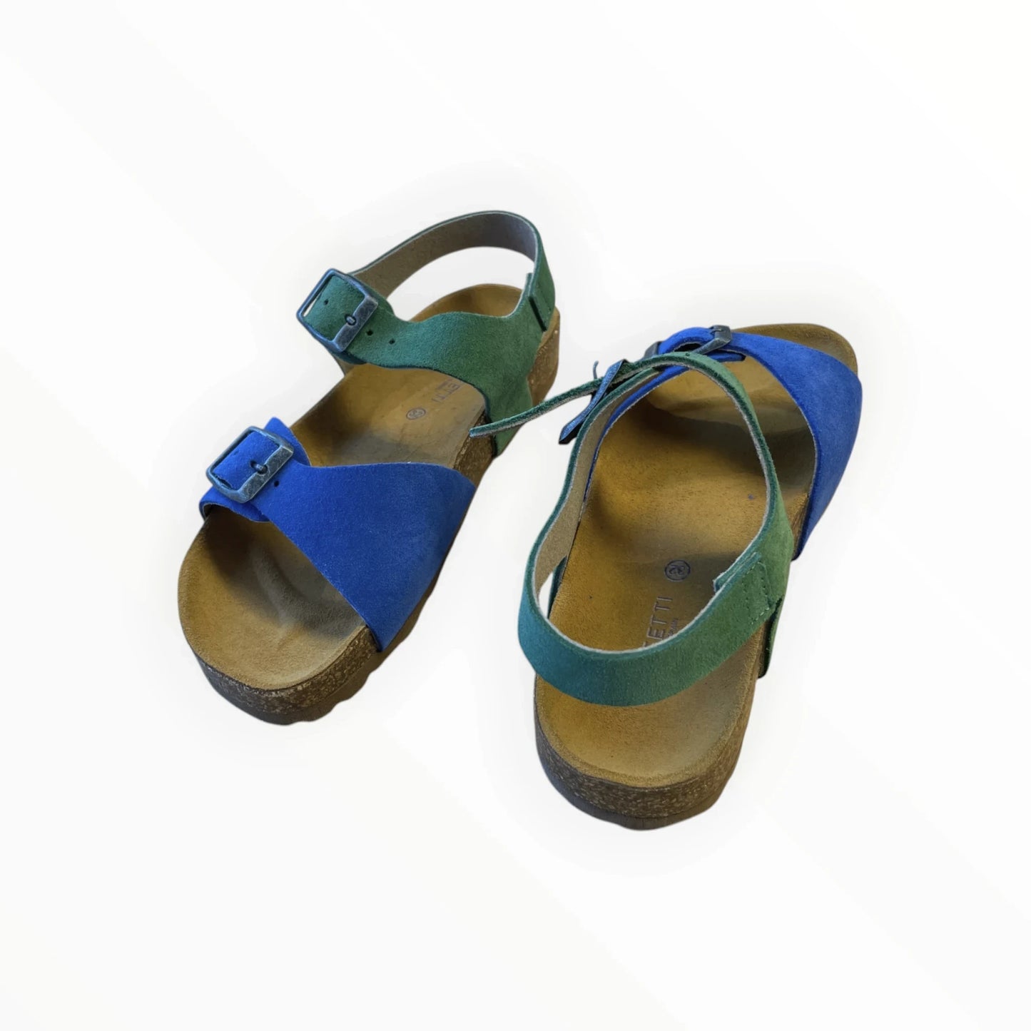 Pierrot Outlet dames sandalen met bandjes en gesp in blauw en groen suède met kurken voetbed.
