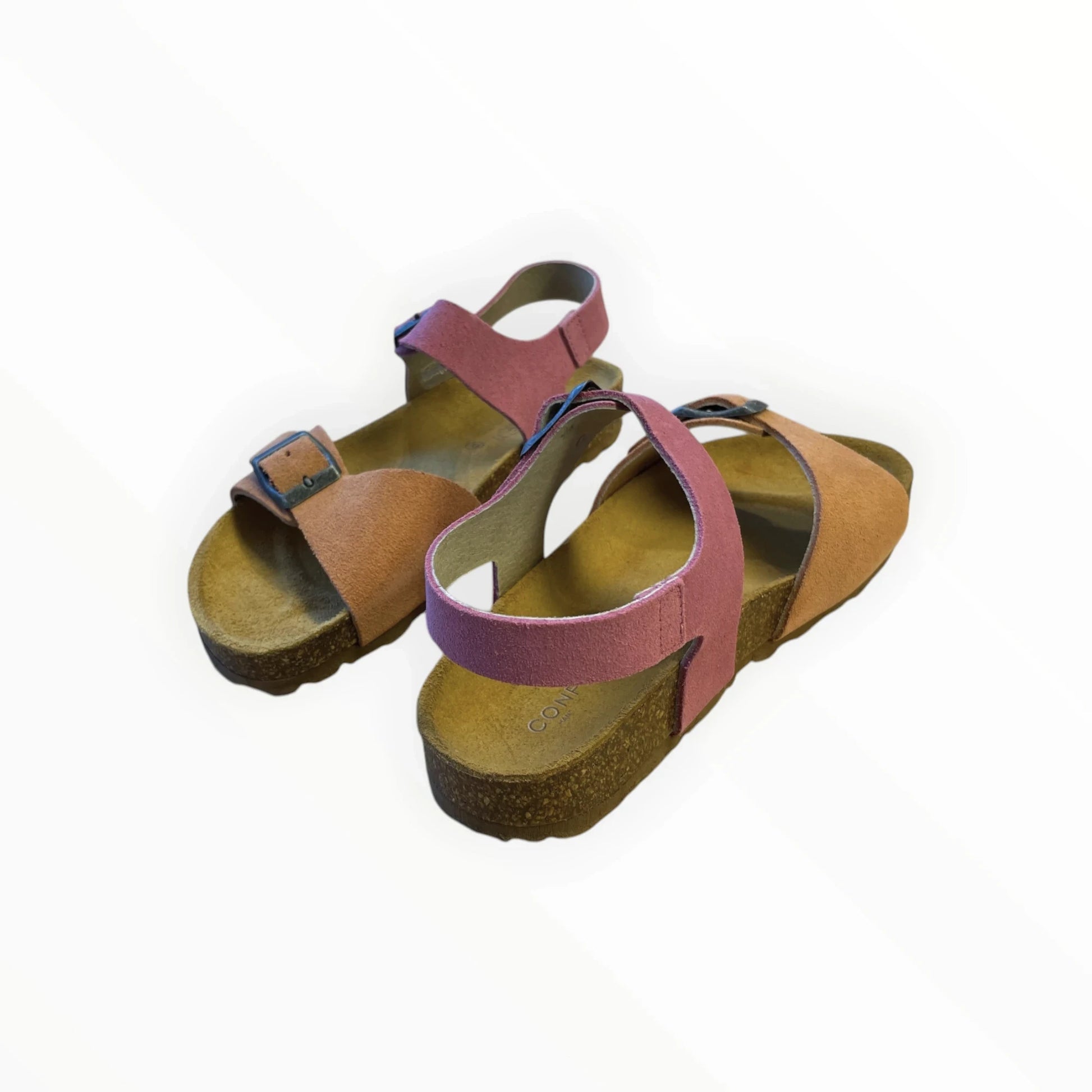 Pierrot Outlet dames sandalen van roze en bruin suède met gesp en kurken zool