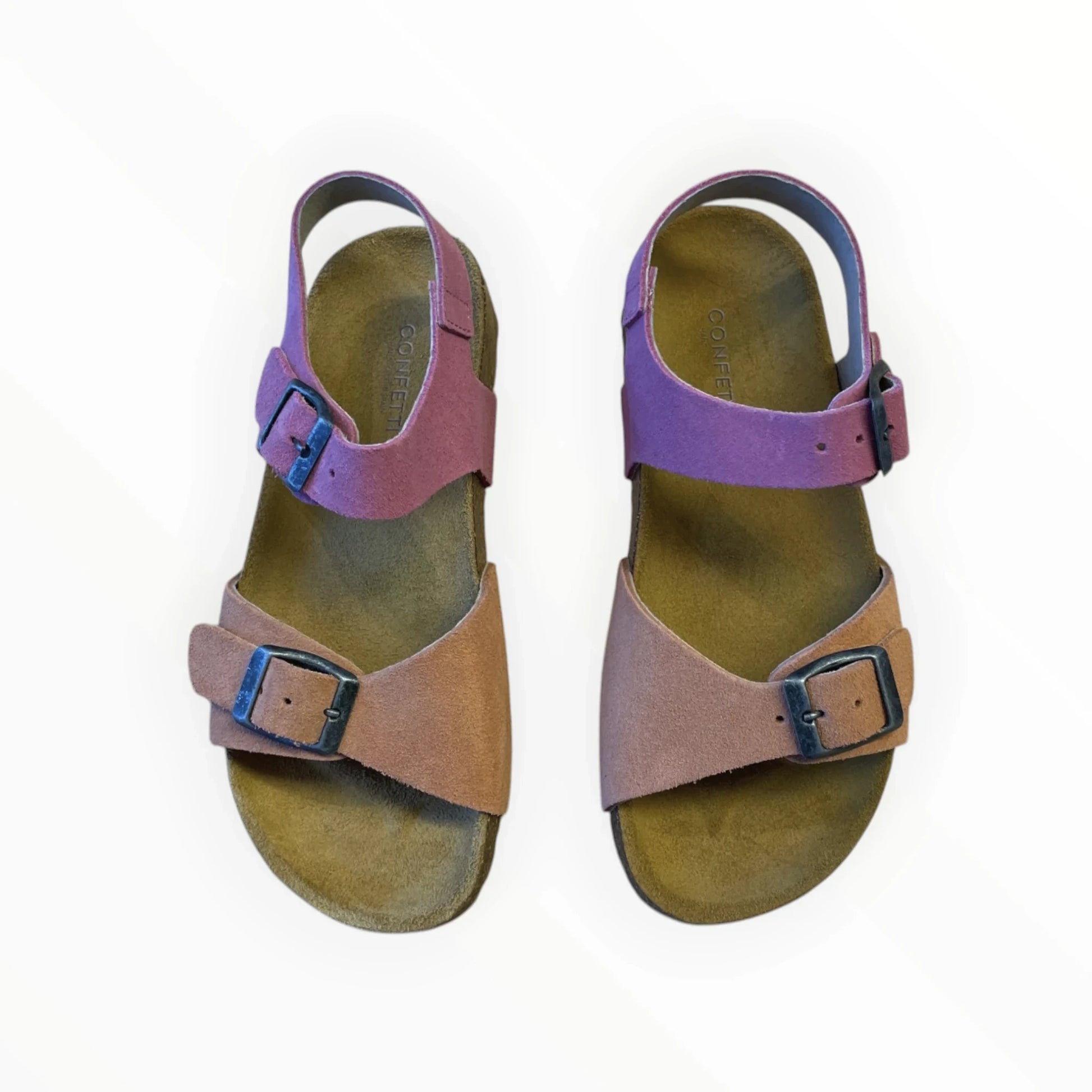 Pierrot Outlet dames sandalen van roze en bruin suède met gespen en kurken zool