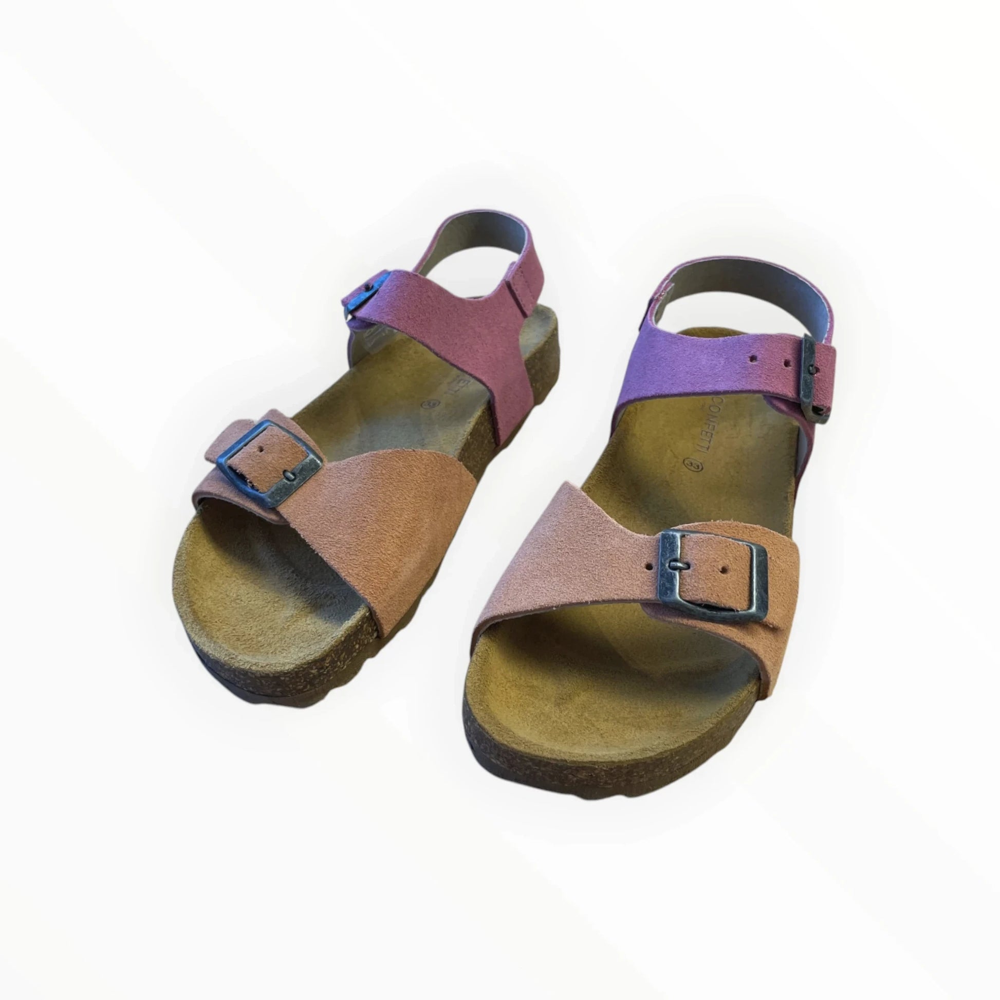 Pierrot Outlet dames sandalen van roze en bruin suède met gesp en kurken zool