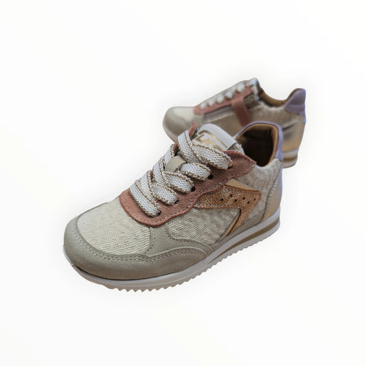 Pierrot Outlet dames sneakers met veters en rits, beige met roze en gouden accenten, textiel en suède.
