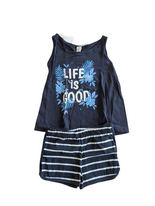 Pierrot Outlet dames pyjamaset met donkerblauw mouwloos hemdje met bloemenprint en gestreept kort broekje