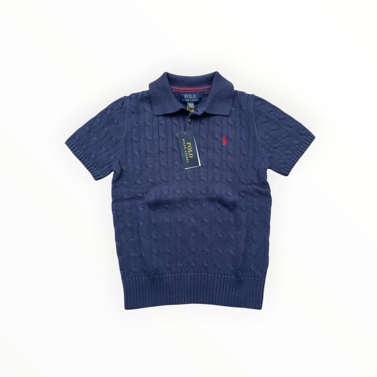 Pierrot Outlet Polo Ralph Lauren donkerblauw gebreid poloshirt met kabelstructuur en geborduurd logo op de borst