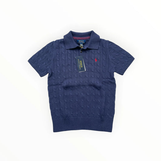 Pierrot Outlet Polo Ralph Lauren donkerblauw gebreid poloshirt met kabelstructuur en geborduurd logo op de borst
