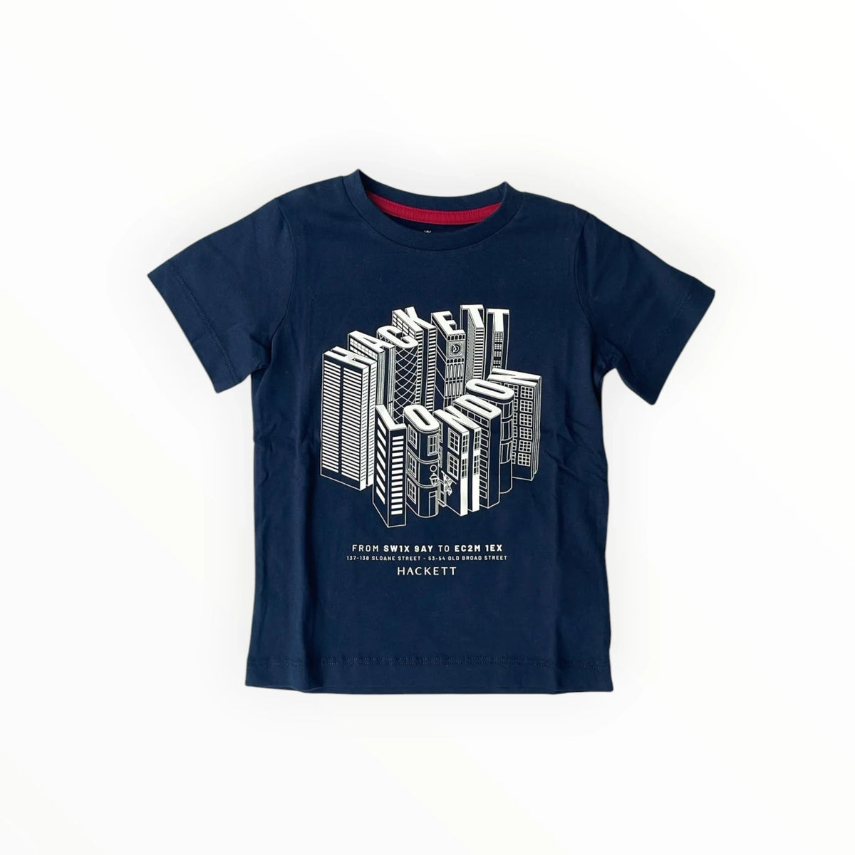 Pierrot Outlet donkerblauw katoenen T-shirt voor jongens met witte grafische print van Londense gebouwen