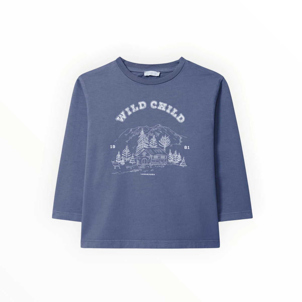 Pierrot Outlet donkerblauw shirt met lange mouwen voor kinderen met een witte bergenprint en Wild Child tekst