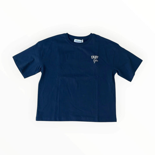 Pierrot Outlet donkerblauw oversized katoenen T-shirt met witte ENJOY life opdruk op de borst
