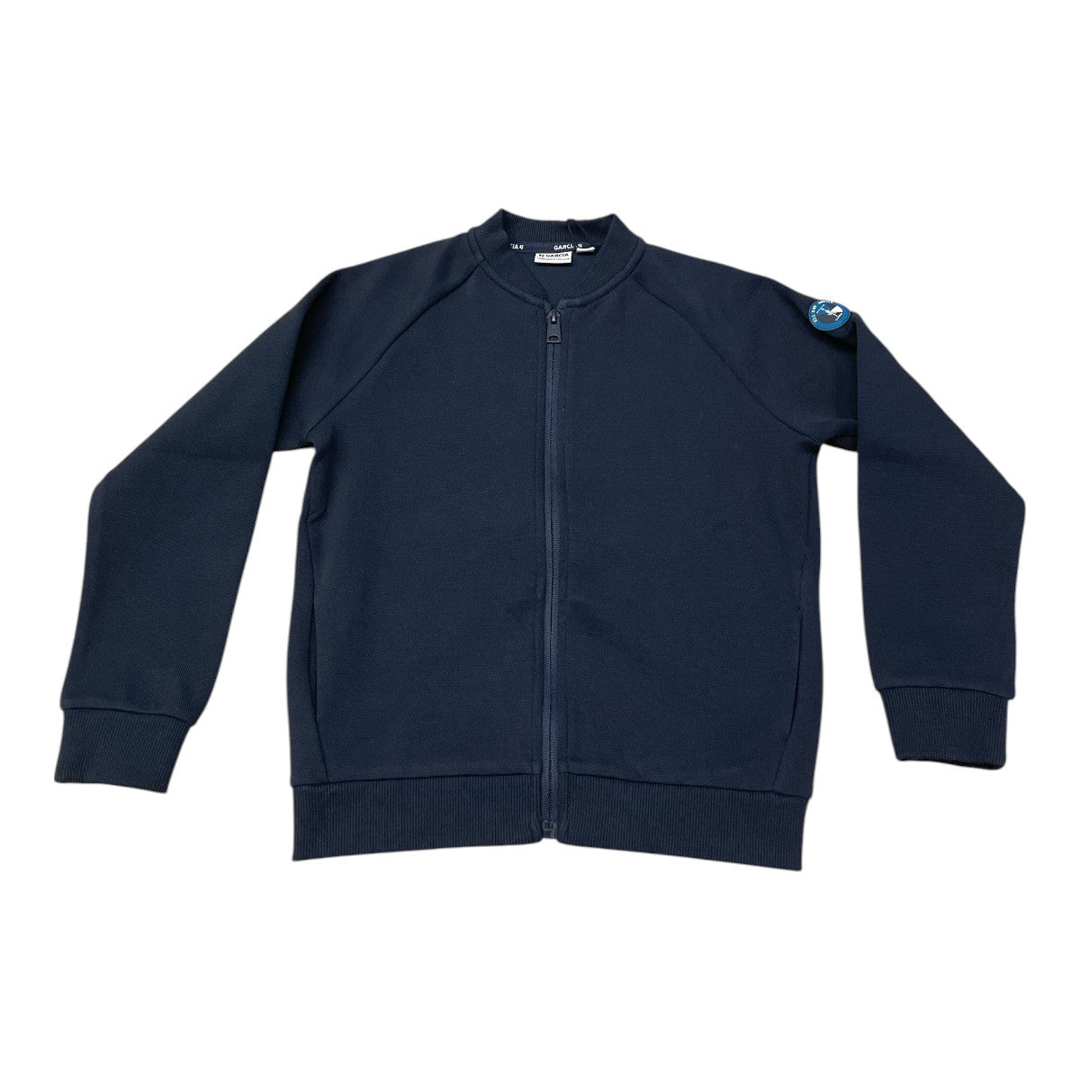 Pierrot Outlet donkerblauwe bomberjack van katoenmix met ritssluiting en logo-patch op de mouw.