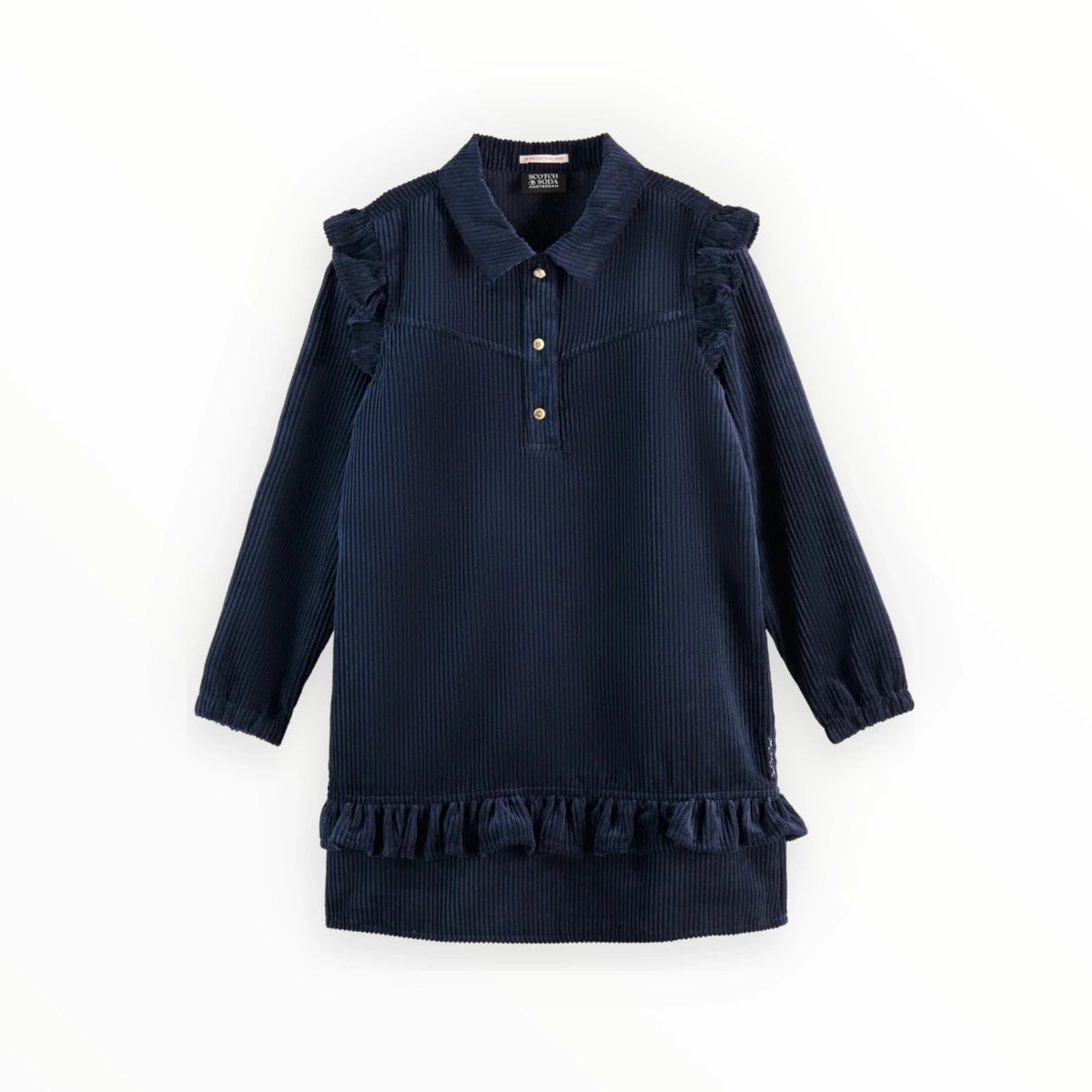 Pierrot Outlet donkerblauwe Scotch & Soda corduroy jurk met ruches, kraag en knoopsluiting.