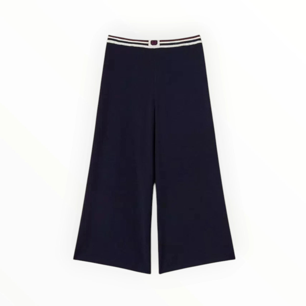 Pierrot Outlet donkerblauwe gebreide broek met wijde pijpen en een elastische tailleband met contrasterende bies.