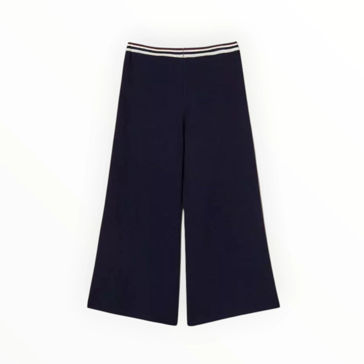 Pierrot Outlet donkerblauwe gebreide broek met wijde pijpen en een elastische tailleband met gestreepte bies.