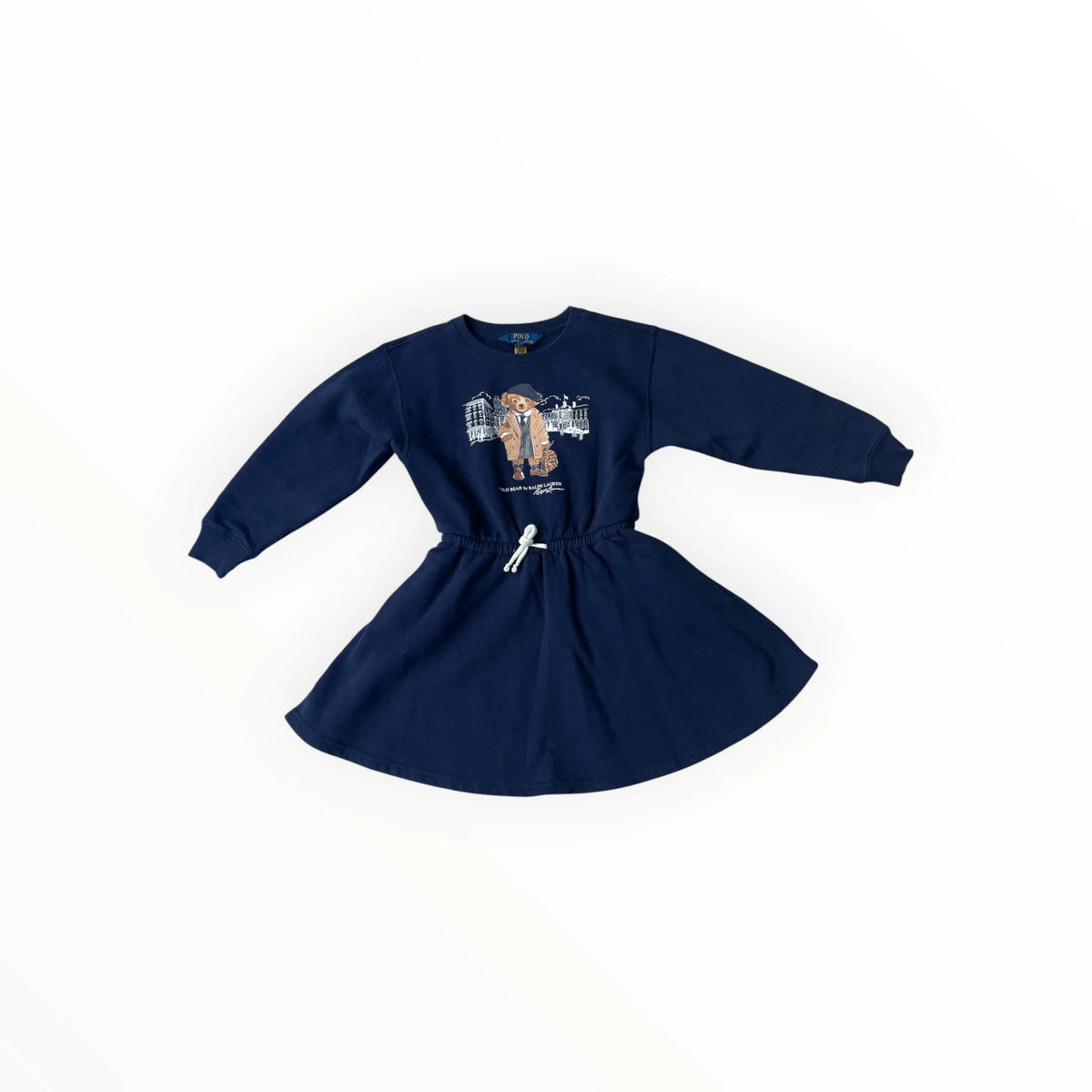 Pierrot Outlet donkerblauwe Polo Ralph Lauren gebreide jurk met lange mouwen en iconische Polo Bear print
